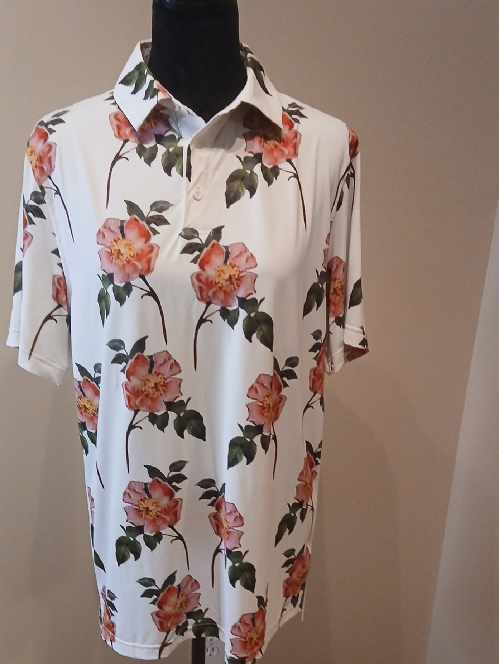 Floral Print Polo Top - White with Pink Flowers